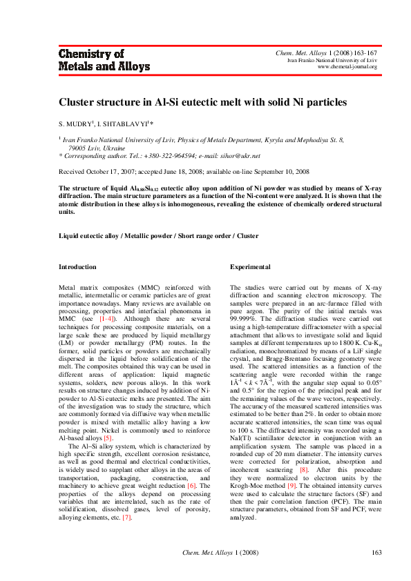 (PDF) Cluster structure in Al-Si eutectic melt with solid Ni particles