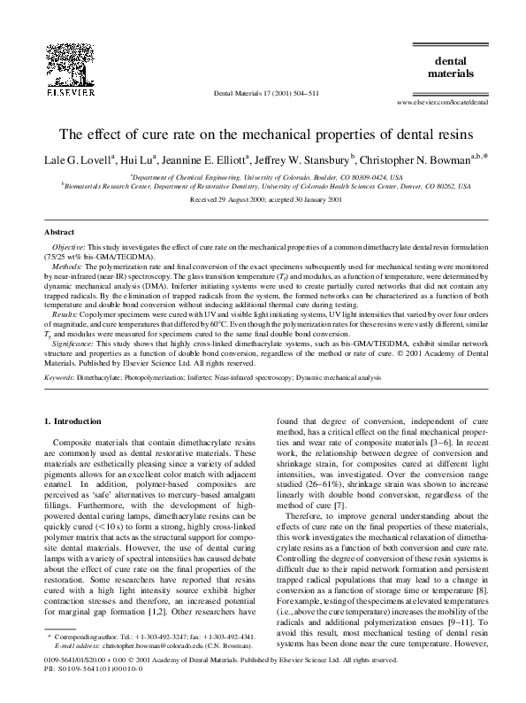 (PDF) The effect of cure rate on the mechanical properties of dental resins