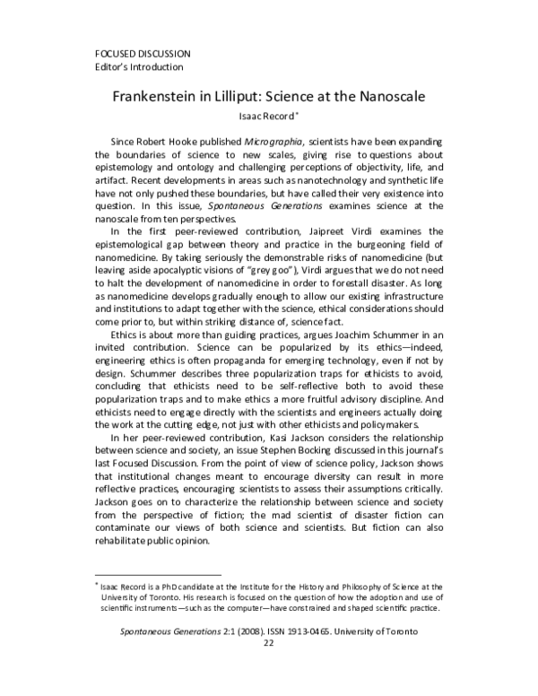 (PDF) Frankenstein in Lilliput Science at the Nanoscale (Editor's