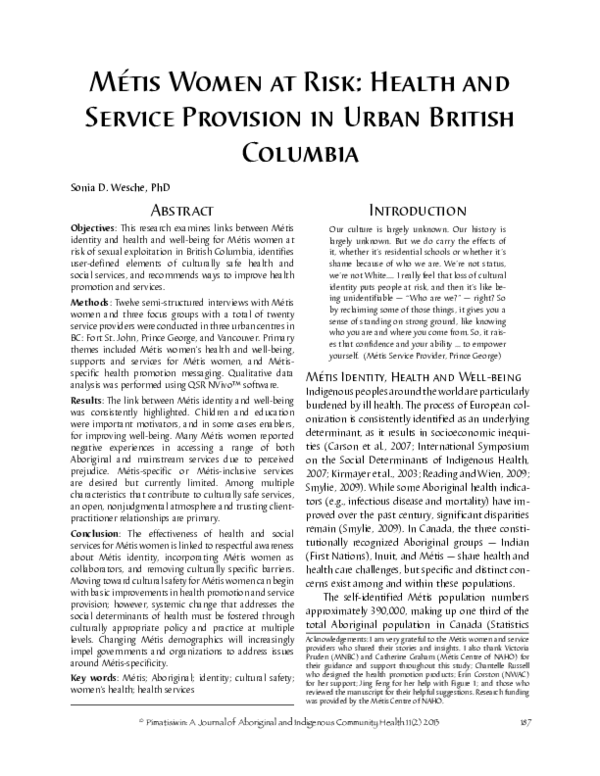 (PDF) Métis women at risk: Health and service provision in urban ...