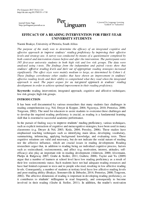 (PDF) Efficacy of a reading intervention for first-year university students