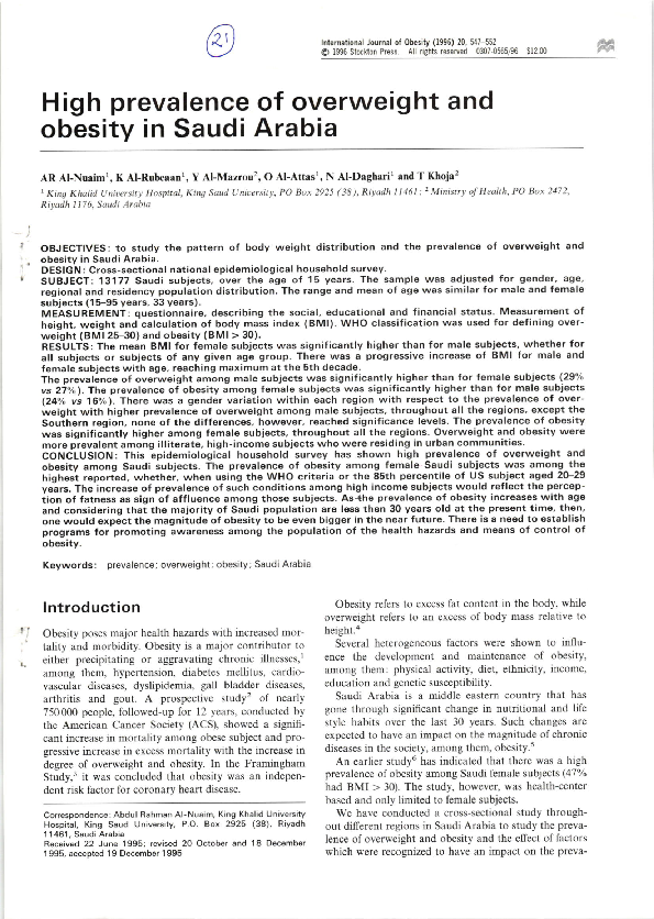 (PDF) High prevalence of overweight and obesity in Saudi Arabia