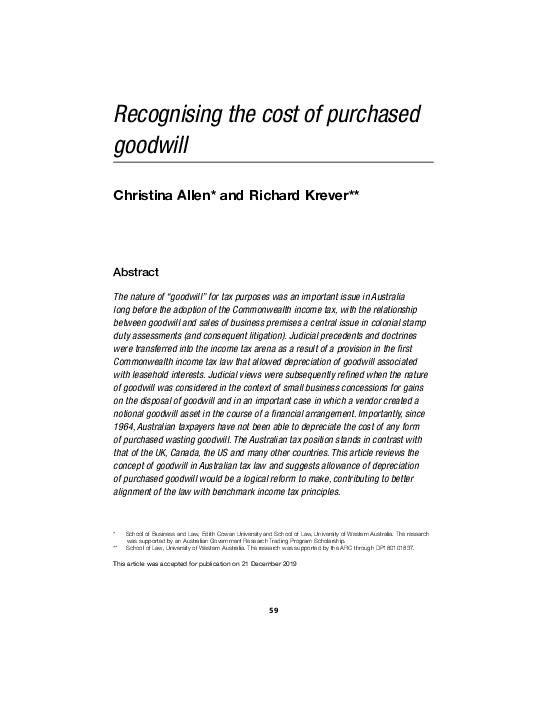 (PDF) Recognising the cost of purchased goodwill
