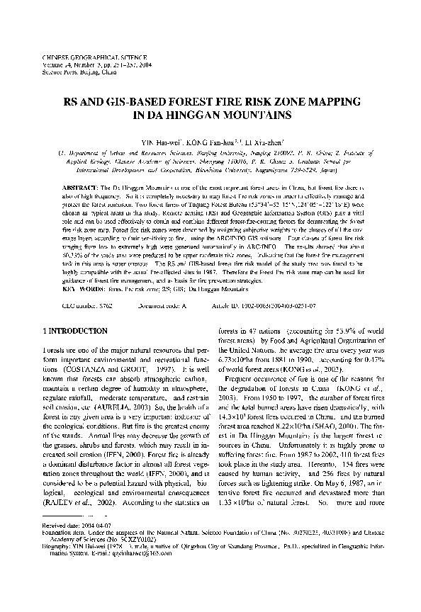 (PDF) RS and GIS-based forest fire risk zone mapping in da hinggan ...