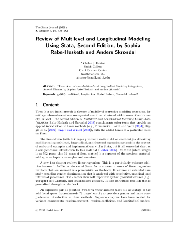 (PDF) Multilevel and Longitudinal Modeling Using Stata