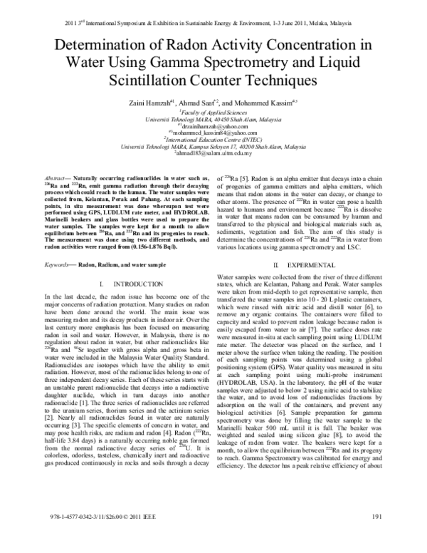(PDF) Determination of radon activity concentration in water using