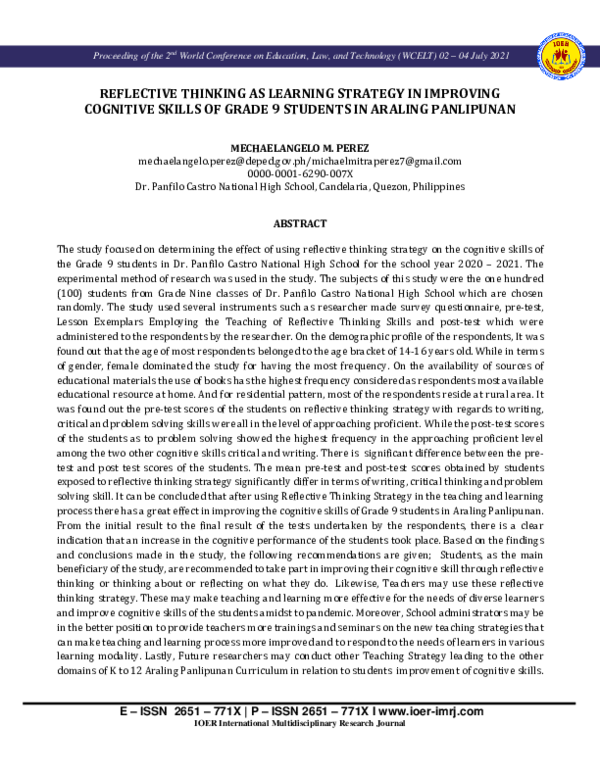 (PDF) REFLECTIVE THINKING AS LEARNING STRATEGY IN IMPROVING COGNITIVE ...
