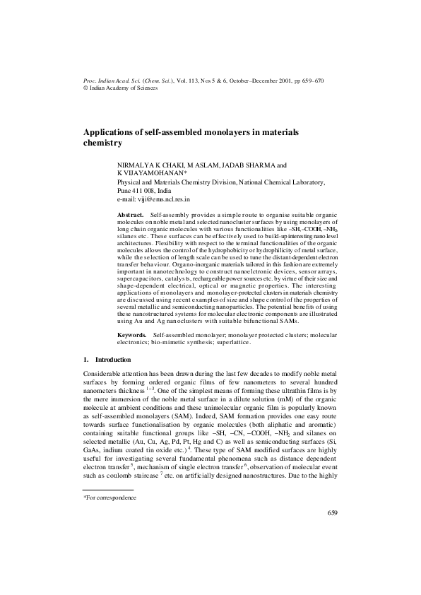 (PDF) Applications of self-assembled monolayers in materials chemistry
