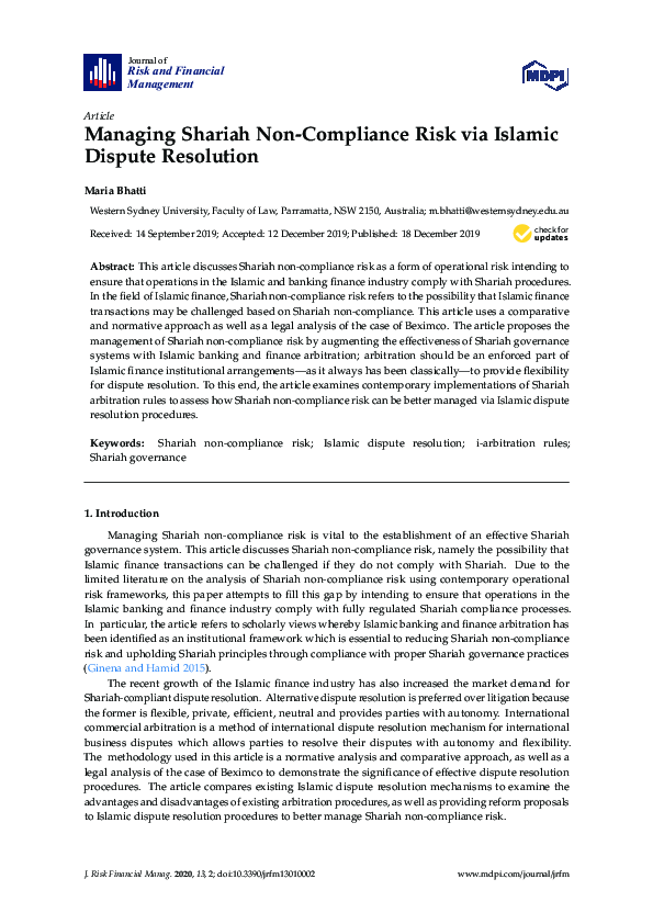 (PDF) Managing Shariah Non-Compliance Risk via Islamic Dispute Resolution