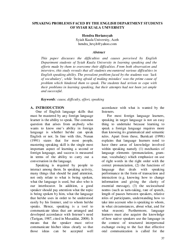 (PDF) Speaking Problems Faced by the English Department Students of ...