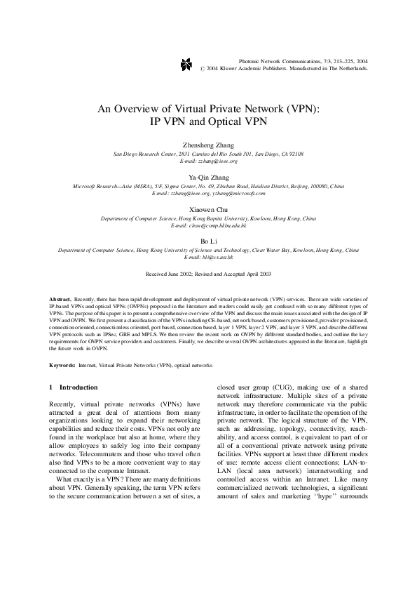 (PDF) An Overview of Virtual Private Network (VPN): IP VPN and Optical VPN