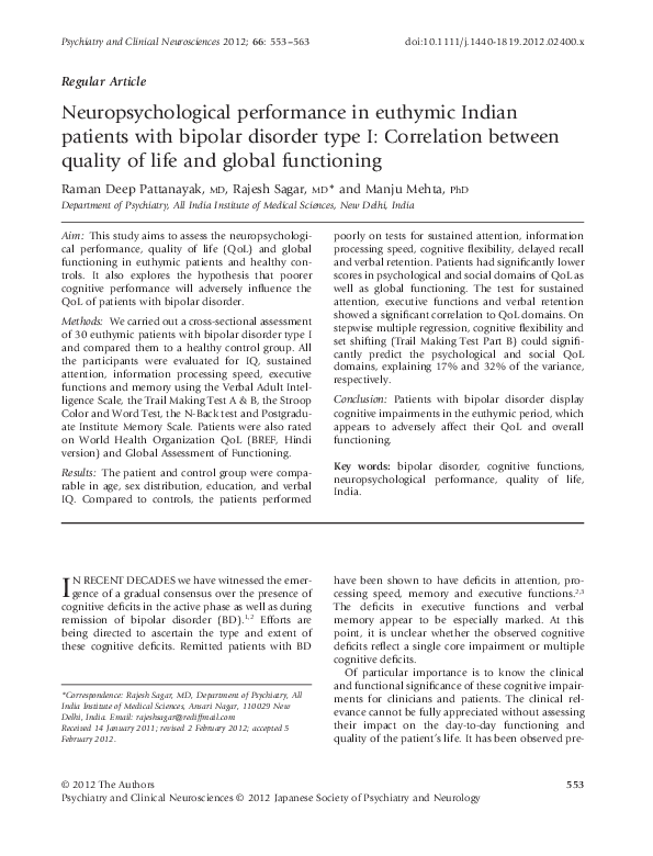 (PDF) Neuropsychological performance in euthymic Indian patients with ...