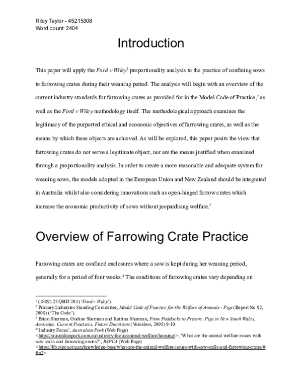 (PDF) The Legacy of Ford v Wiley Are Sow Farrowing Crates