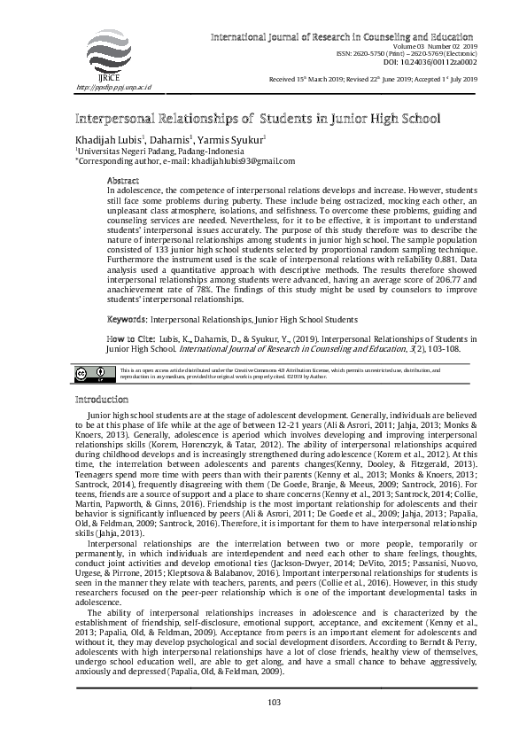 (PDF) Interpersonal Relationships of students in Junior High School