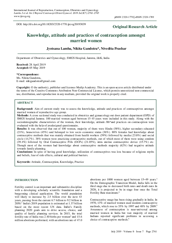 (PDF) Knowledge, attitude and practices of contraception in women of ...