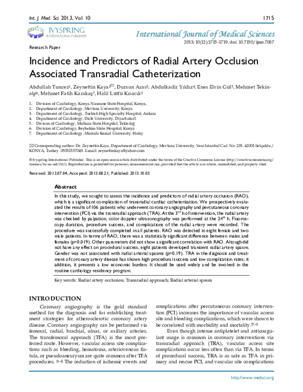 (PDF) Incidence and Predictors of Radial Artery Occlusion Associated ...