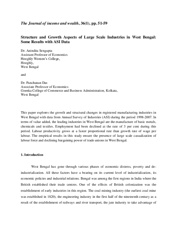 (PDF) Structure and Growth Aspects of Large Scale Industries in West Bengal Some Results with