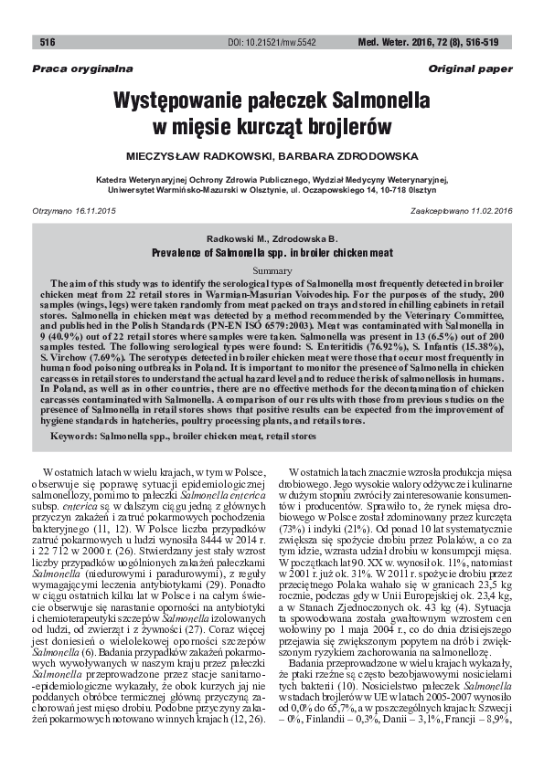(PDF) Prevalence of Salmonella spp. in broiler chicken meat