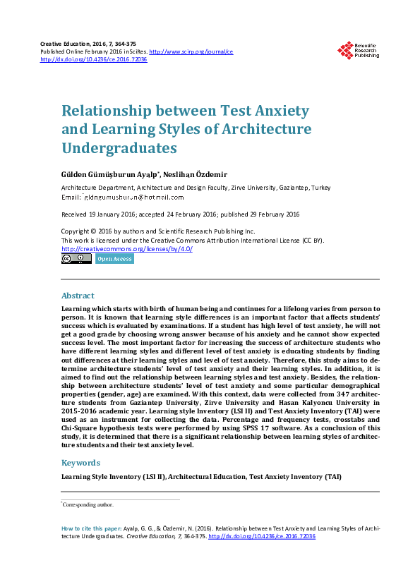 (PDF) Relationship between Test Anxiety and Learning Styles of ...