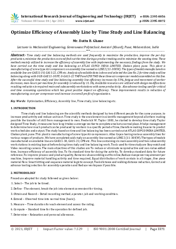 (PDF) IRJET- Optimize Efficiency of Assembly Line by Time Study and ...