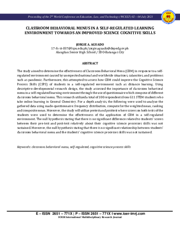(PDF) CLASSROOM BEHAVIORAL MENUS IN A SELF-REGULATED LEARNING ...