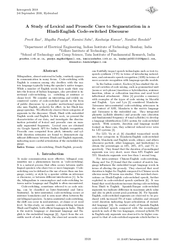 (PDF) A Study of Lexical and Prosodic Cues to Segmentation in a Hindi ...