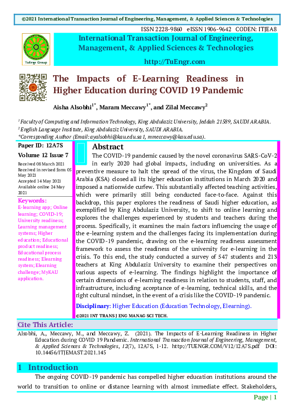 (PDF) The Impacts of E-Learning Readiness in Higher Education during ...