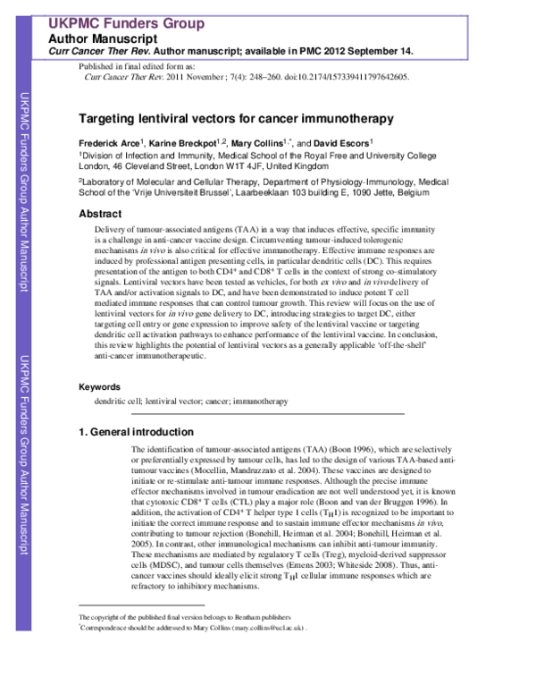 (PDF) Targeting Lentiviral Vectors for Cancer Immunotherapy