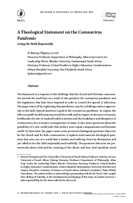 (PDF) A Theological Statement on the Coronavirus Pandemic