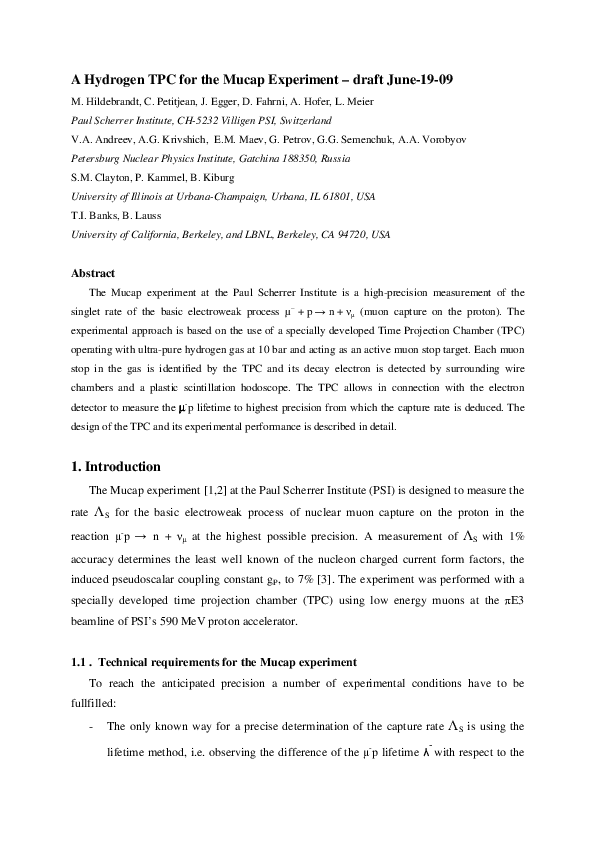 (PDF) A Hydrogen TPC for the Mucap Experiment - draft June19-09