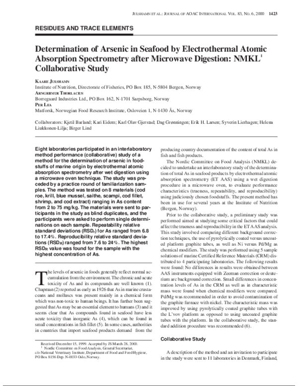 (PDF) Determination of arsenic in seafood by electrothermal atomic absorption spectrometry after