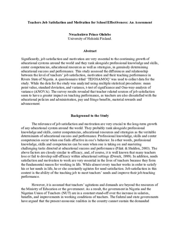 (PDF) Teachers Job Satisfaction and Motivation for School Effectiveness ...