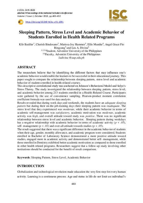 (PDF) Sleeping Pattern, Stress Level, and Academic Behavior of Students ...