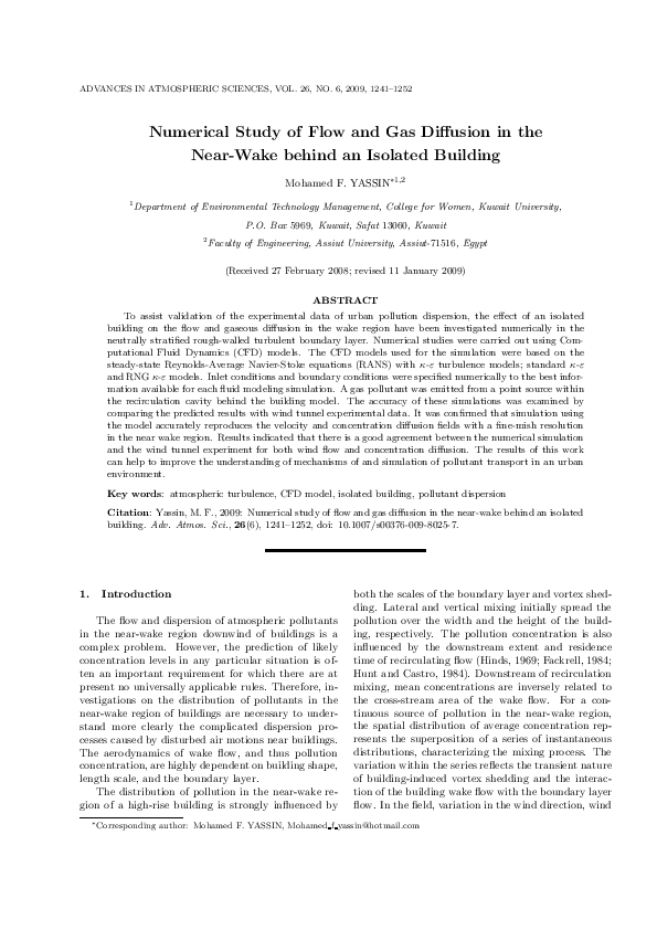(PDF) Numerical study of flow and gas diffusion in the near-wake behind ...