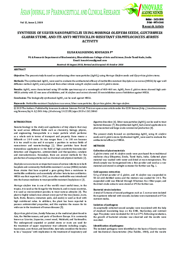(PDF) Synthesis of Silver Nanoparticles Using Moringa Oleifera Seeds ...