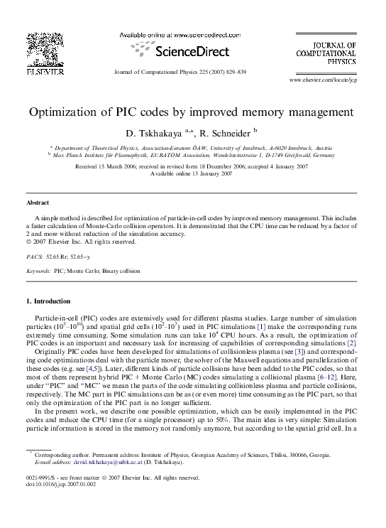 (PDF) Optimization of PIC codes by improved memory management