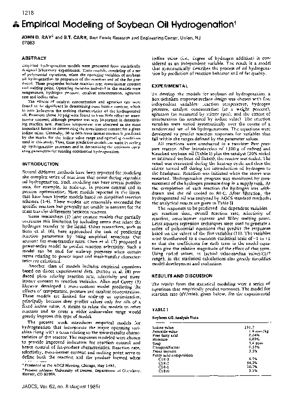 (PDF) Empirical modeling of soybean oil hydrogenation Tom Carr