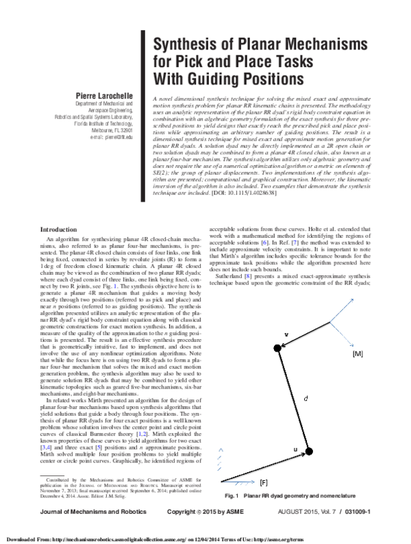 (PDF) Synthesis of Planar Mechanisms for Pick and Place Tasks With ...