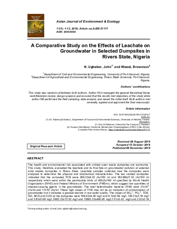 (PDF) A Comparative Study on the Effects of Leachate on Groundwater in ...
