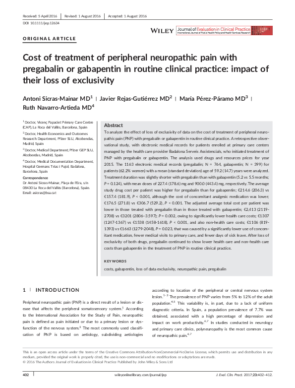 (PDF) Cost of treatment of peripheral neuropathic pain with pregabalin ...