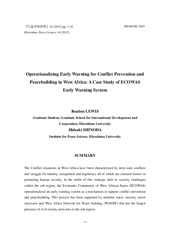(PDF) Operationalizing Early Warning for Conflict Prevention and