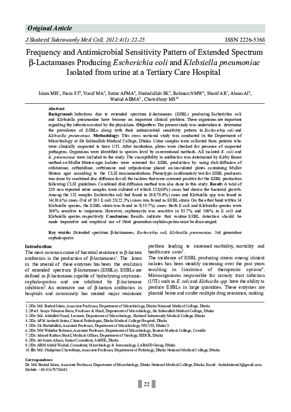 (PDF) Frequency and Antimicrobial Sensitivity Pattern of Extended ...