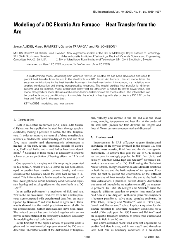 (PDF) Modeling of a DC Electric arc furnace Heat transfer from the arc