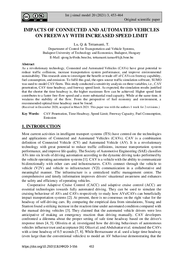 (PDF) IMPACTS OF CONNECTED AND AUTOMATED VEHICLES ON FREEWAY WITH ...