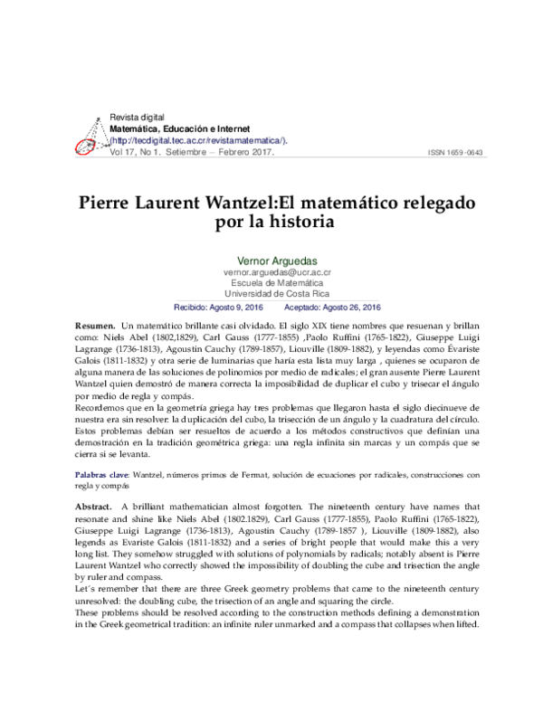 (PDF) Pierre Laurent Wantzel:El matemático relegado por la historia