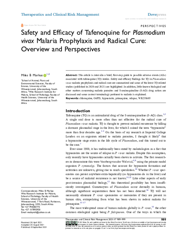 (PDF) Safety and Efficacy of Tafenoquine for Plasmodium vivax Malaria ...