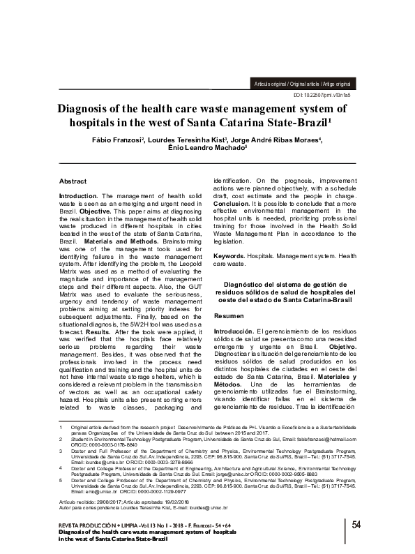 (PDF) Diagnosis of the health care waste management system of hospitals ...