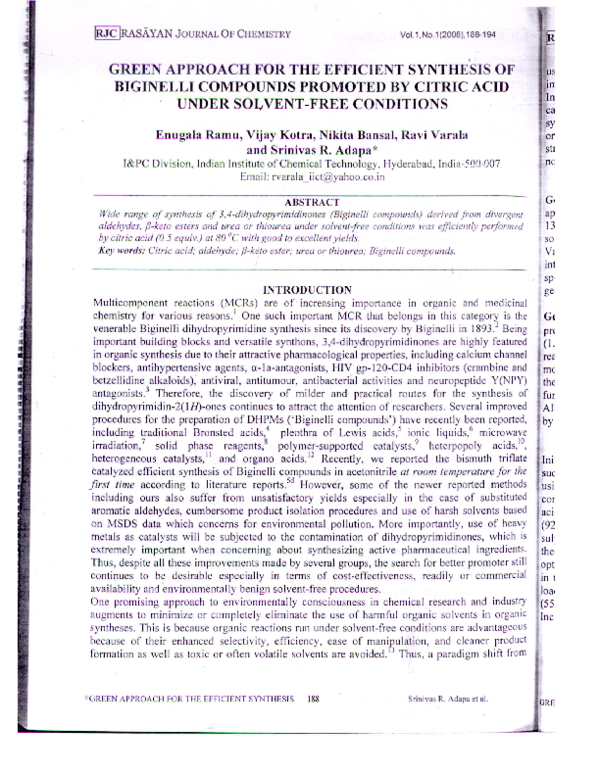 (PDF) Green approach for the efficient synthesis of Biginelli compounds ...