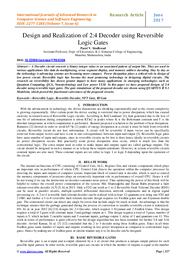(PDF) Design and Realization of 2:4 Decoder using Reversible Logic Gates