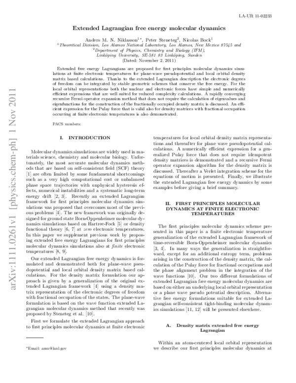 (PDF) Extended Lagrangian free energy molecular dynamics